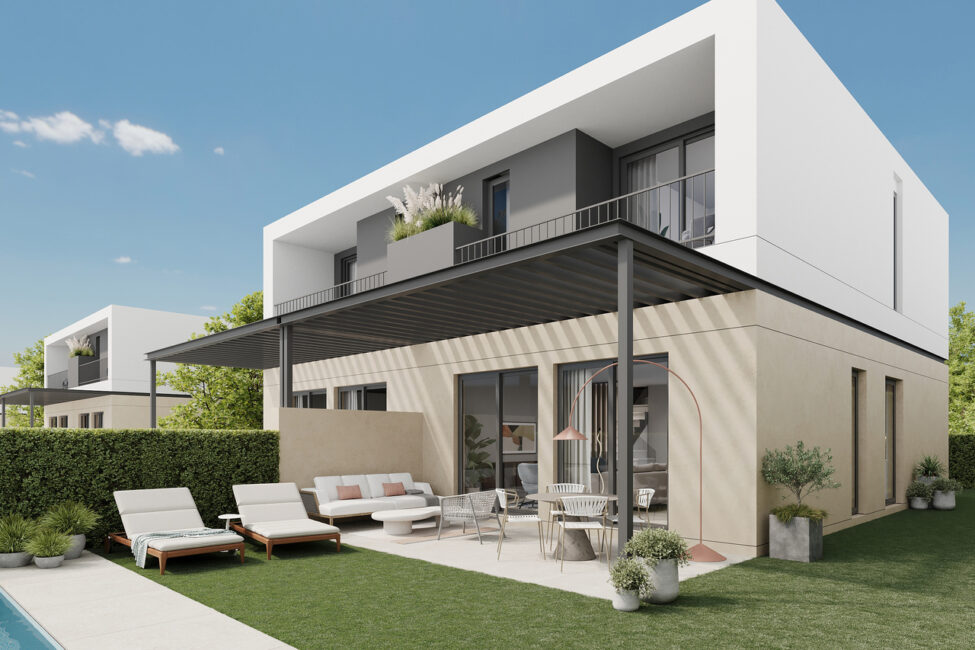 Elegante Neubau-Doppelhaushälfte mit Pool und gepflegtem Garten in Puig de Ros